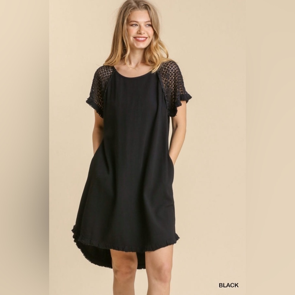 Umgee Black Linen Blend Crochet Sleeve Frayed High Low Dress Small NWT